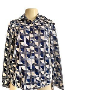 Vintage 70s Long sleeves Shirt Size M Navy Blue & White Abstract Retro Fashion.
